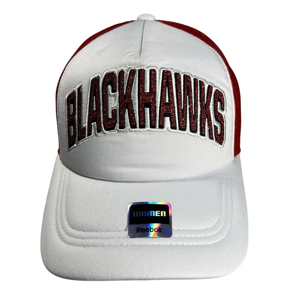 Reebok Chicago Blackhawks Women Trucker Hat White Red Glitter NHL Snapback Cap‎